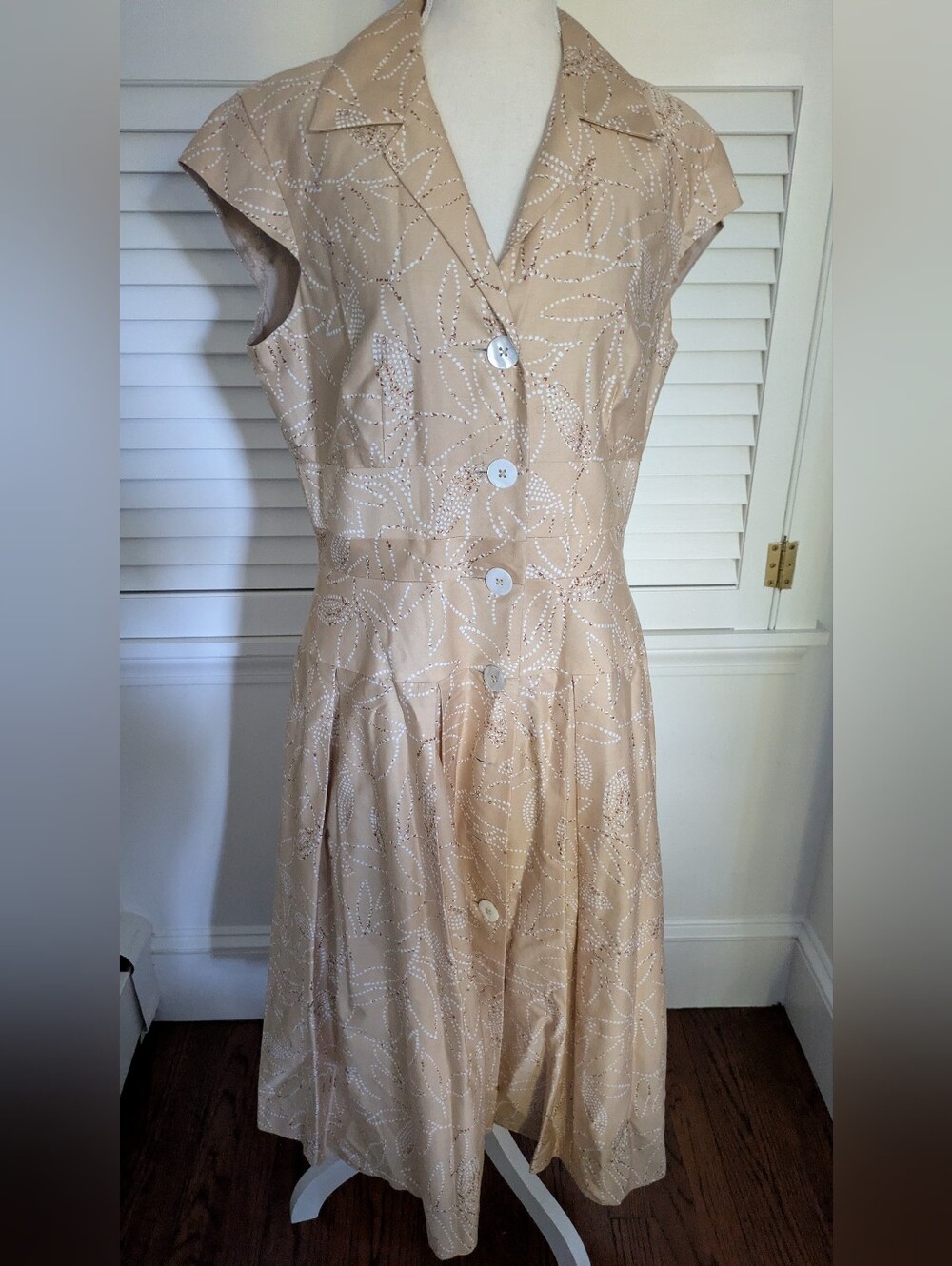 Liz Claiborne 90s Fit-N-Flare Cotton Tan Dress With  Cap-Sleeves, Sz 14